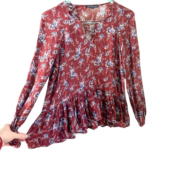 🔥 AMERICAN EAGLE | Women’s Floral Keyhole Peplum Top | Medium | Burgundy - Picture 3 of 9